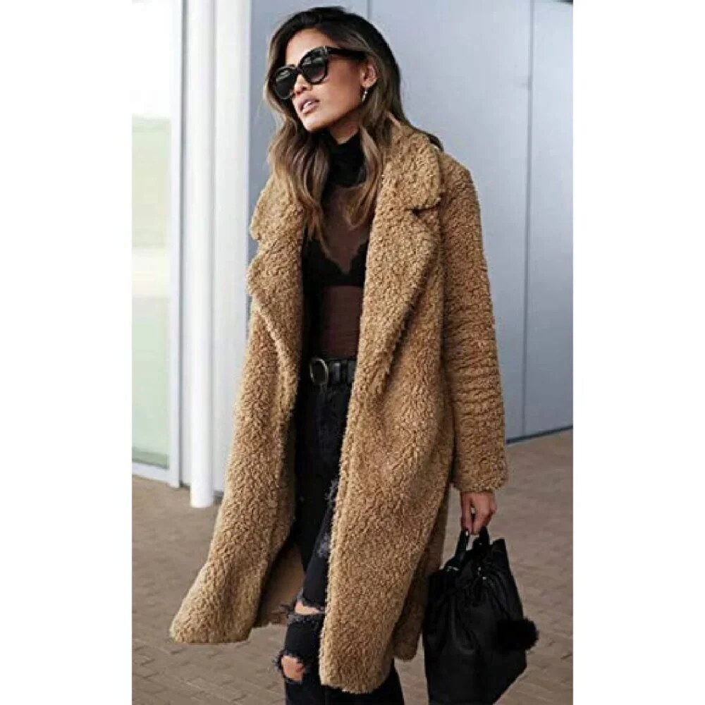 Women's Fuzzy Fleece Lapel Open Front Long Cardigan Coat Faux Fur